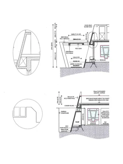 Technical drawings are crucial to our process. These archival section details from the CC Office project show the construction of the tapered walls and recessed window sills.