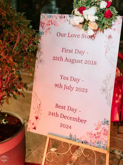 A personalized 'Our Love Story' sign that shares the couple's key dates with their guests. It's a sweet and simple detail that adds a lot of heart to the decor.