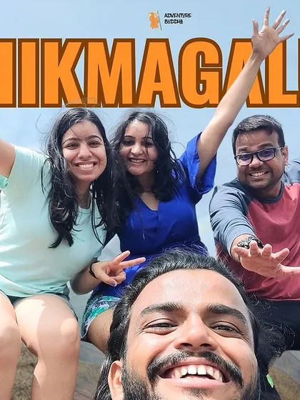 A wide-angle selfie capturing the smiles and excitement of our Chikmagalur group.