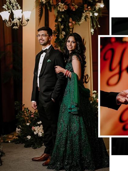 A creative collage from a reception party, combining a full-length portrait with a close-up of the couple's hands. It tells a story of their union and celebration.