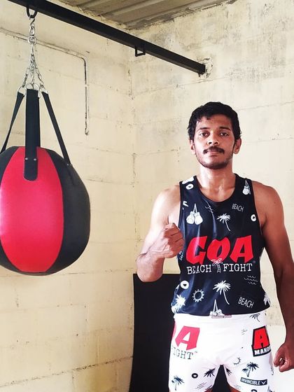 After a solid kickboxing session at the academy. The gear from Goa Beach Fight brings back good memories of competition.