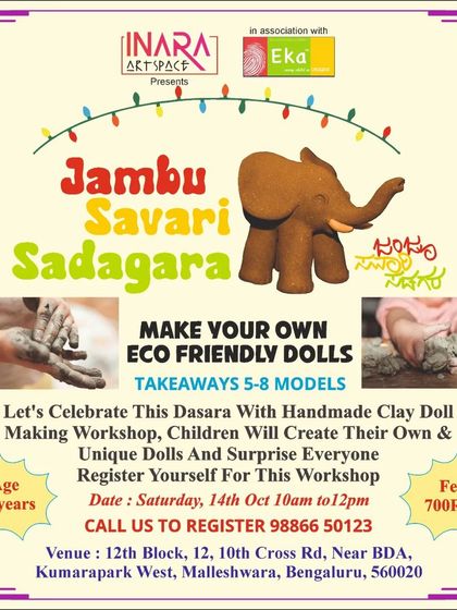 Celebrate Dasara by making your own handmade clay dolls. This workshop lets children create their own Jamboo Savari elephants and Golu dolls.
