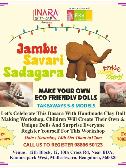 Celebrate Dasara by making your own handmade clay dolls. This workshop lets children create their own Jamboo Savari elephants and Golu dolls.