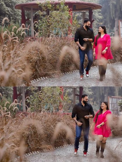 A collage of a couple walking through a path lined with tall, ornamental grass. This set provides a beautiful, natural texture for romantic walking shots.