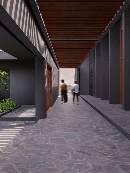 An interior corridor at the SMGR Memorial, where a central courtyard brings light and nature into the space. The design guides visitors through an immersive experience, using architecture to evoke a sense of journey and remembrance.