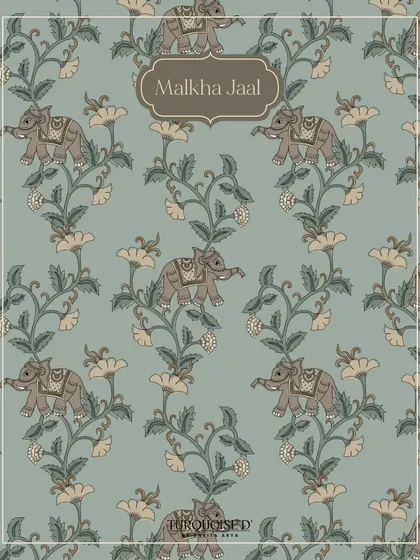 A detailed swatch of the Malkha Jaal wallpaper. This pattern features whimsical elephants amidst climbing floral vines, all rendered in the classic, earthy style of Kalamkari painting.