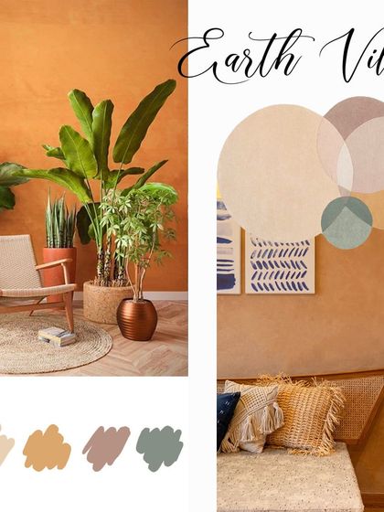 This is the mood board I created at the beginning of the Earth Villa project. It established the core aesthetic: a warm, earthy palette, natural textures like jute and wood, and a focus on indoor plants to create a tropical, Japandi-inspired feel.