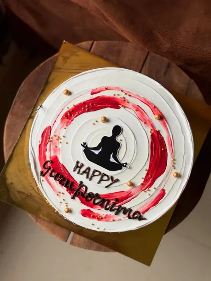 A modern design for a Guru Purnima cake, with a yoga silhouette and abstract red brushstrokes.