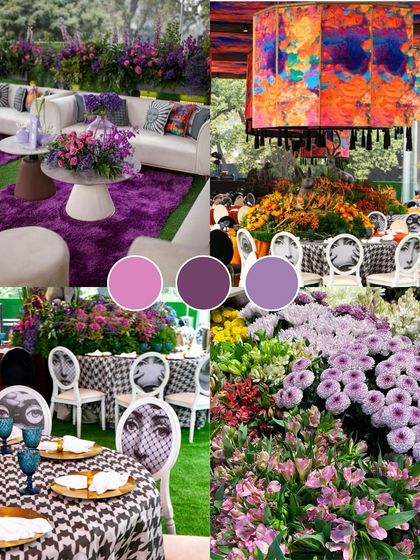 A bold and artistic color palette featuring shades of purple and vibrant pops of color. The use of modern patterns and eclectic florals makes this perfect for a quirky and contemporary Mehendi.