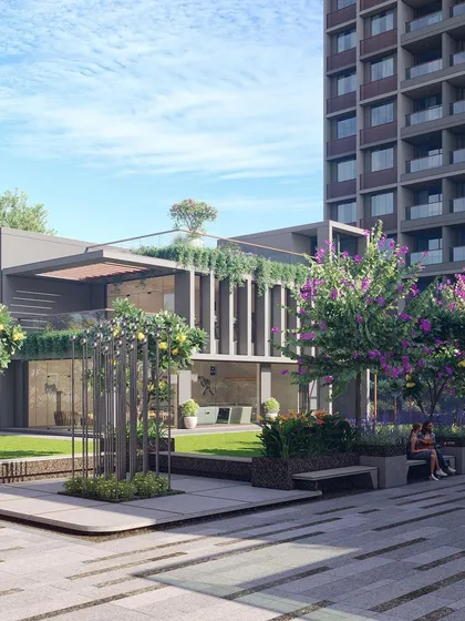 A wider view of the podium garden, showing how we use layered planting and distinct zones to create a rich, multi-dimensional experience within a compact area.