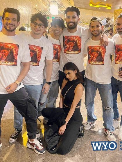 Actress Mouni Roy and her friends celebrating the movie Brahmastra in custom t-shirts featuring her character, Junoon. I can create custom apparel for movie screenings and fan groups.