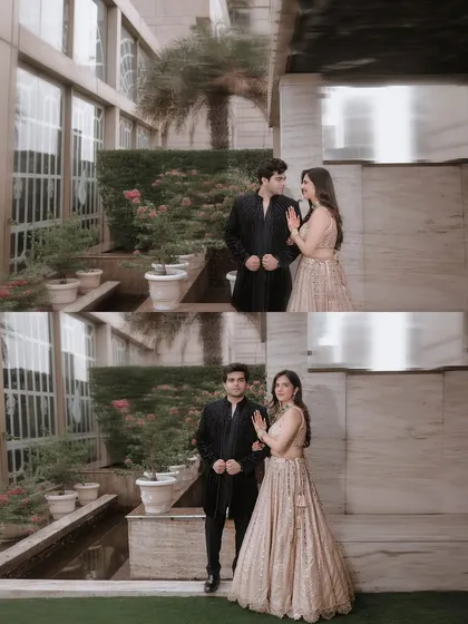 A diptych of the couple in an outdoor setting, showing both a candid interaction and a classic pose.