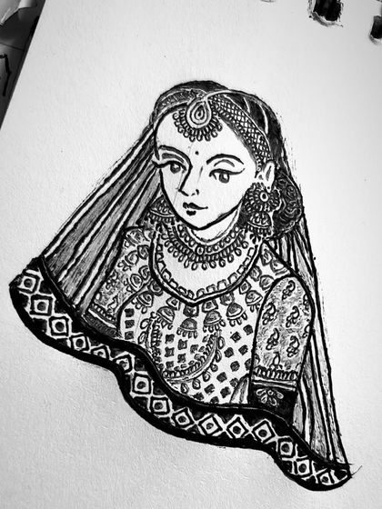 The same bridal figure sketch in black and white. This view highlights the line work and shading techniques I use to create depth and detail in my portraits.