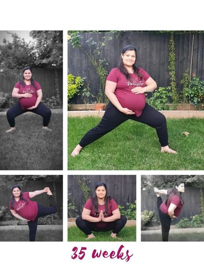 At 35 weeks, this mama is practicing outdoors, connecting with nature. Her practice includes squats and gentle balancing poses.