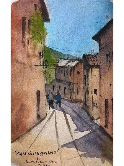 A small watercolor sketch of San Gimignano, a beautiful town in Tuscany, Italy. The burnt sienna colored buildings are so distinctive, and sketching them brings back lovely memories.