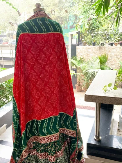 The back of the bandhani dupatta, showing the beautiful red and green combination.