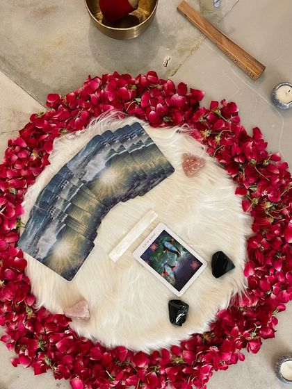 A sacred space prepared for a workshop, with a flower mandala, oracle cards, and crystals. We believe in creating an environment that invites healing and connection.