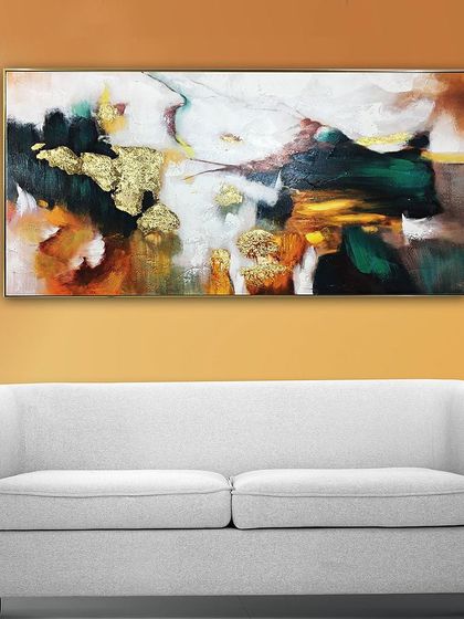 An abstract, hand-painted canvas with beautiful textures and gold foil accents. The mix of earthy tones, deep greens, and white creates a sophisticated and organic feel.