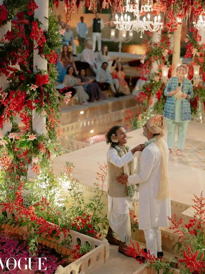 For Kahran and Gourav's Vogue-featured wedding, we designed this breathtaking mandap, using monochromatic red florals to create a powerful contrast against the Jaisalmer sandstone. This ceremony was a testament to their story, blending tradition with a bold, modern vision.