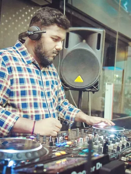 A typical night at the office. Here I am lining up the next track to keep the party going.