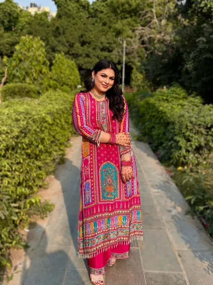 Full-length shot of my vibrant Karwa Chauth outfit.