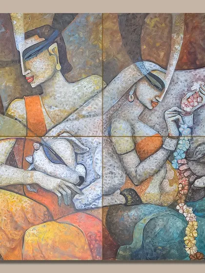 A vibrant acrylic on canvas created for Holi, showing Radha and Krishna in a colorful and loving embrace.
