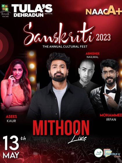 The official poster for 'Mithoon Live' at Sanskriti 2023, Tula's Institute Dehradun, featuring Asees Kaur and Mohammed Irfan.