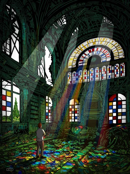 A message of hope for a new year. In a ruined, dark building, the remaining stained-glass windows cast brilliant beams of colored light onto the floor, illuminating the debris. It symbolizes that even in destruction, light and beauty can find a way to shine through.