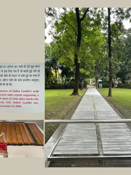 The crystal-covered path marking the final walk of Indira Gandhi before her assassination, along with the blood-stained saree she was wearing. This is a powerful and visceral form of memorialization, transforming a site of violence into a place of remembrance.