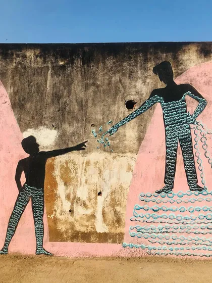 Each panel of the 'Stories of Water' mural tells a different part of the story. From the farmer dependent on the rains to the children playing in floodwaters, the artwork depicts the complex and often contradictory realities of water access and urbanization in our city.