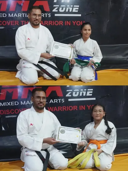 A collage showing two young girls receiving their new belts in karate. We are proud to see our students advance through the ranks.