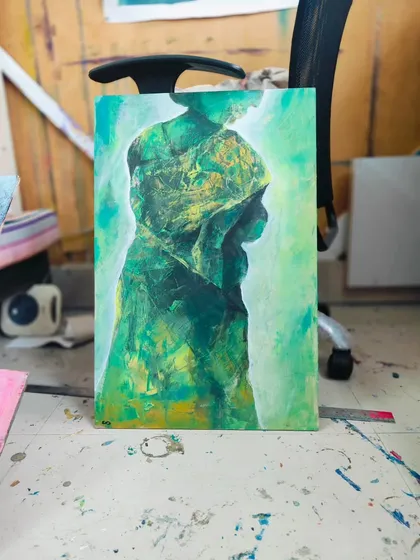 An abstract figurative piece in shades of green and yellow. This acrylic on canvas is part of my studio sale.