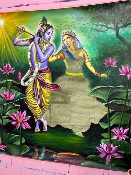 An in-progress shot of the Radha Krishna painting. Here, Krishna is fully painted, but Radha's form is still a sketch, showing the contrast between the start and finish.