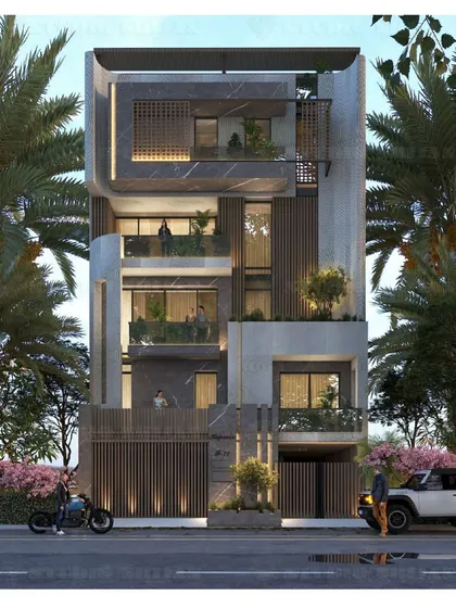The front elevation of the Rajouri Garden project, showing the full composition. The facade is a dynamic arrangement of curves, lines, and textures, creating a unique and luxurious home.
