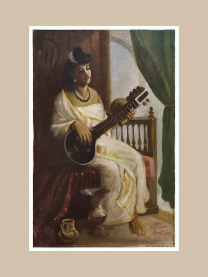 This piece, 'Mahananda', tells a story of lineage. Originally a famous composition by Raja Ravi Varma, it was recreated in 1968 by his son, Rama Varma. We had the privilege of restoring this canvas, preserving a unique moment of intergenerational artistic dialogue.