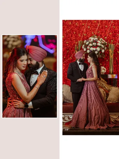 A diptych of Avikash and Simran, combining a close-up embrace with a wider shot of them on stage.