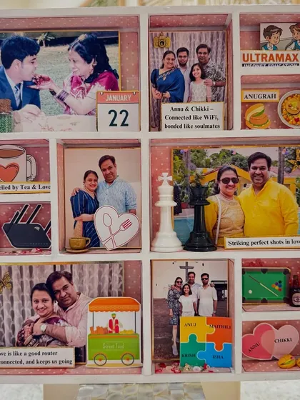 Twenty years of a beautiful love story, captured in a single frame. I designed this bespoke shadow box to celebrate a special anniversary, weaving in personal memories from their journey, from inside jokes to shared passions.