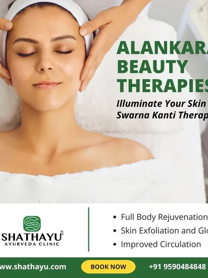 Illuminate your skin with our Alankara Beauty Therapies, featuring the Swarna Kanti Therapy. This luxurious treatment focuses on full-body rejuvenation, skin exfoliation for a natural glow, and improved circulation for overall vitality.
