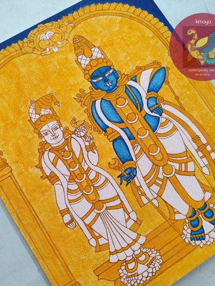 An earlier stage of the Aandal Rangamannar painting, with the first layers of yellow and blue applied. This shows how I build up the colors gradually to create depth and richness.