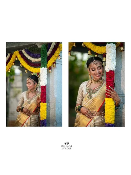A duplicate of image 94, showing a bride posing joyfully in her gold Kanchipuram saree and custom embroidered blouse.