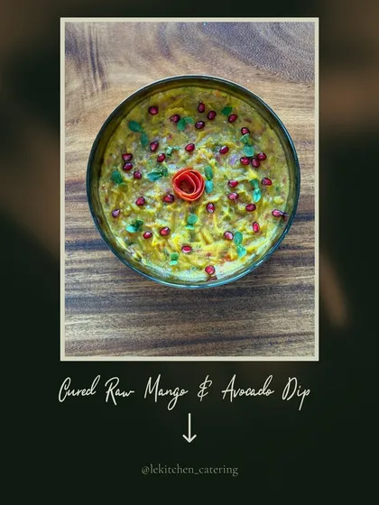 A seasonal specialty: our Cured Raw Mango and Avocado Dip, sprinkled with pomegranate seeds for a burst of colour and flavour.