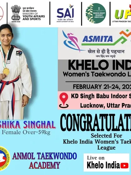 The official announcement of Vanshika Singhal's selection for the Khelo India Women's Taekwondo League. We prepare our athletes to compete on prestigious national platforms.