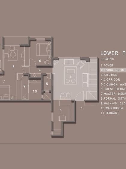 The lower floor plan for the Duplex Project, showing the interconnected living room, kitchen, and guest areas. This architectural drawing is the blueprint for creating a seamless flow throughout the home.