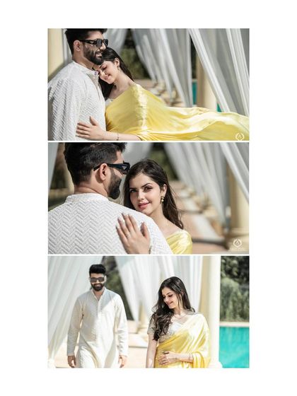 A collage featuring the bride in a beautiful yellow saree. The flowing fabric and the elegant poses against a backdrop of white curtains create a light, airy, and graceful series of images.