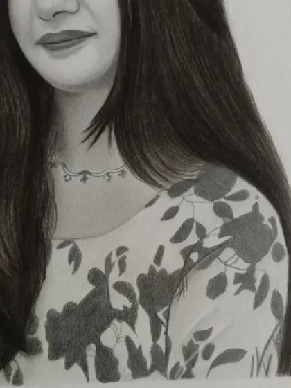 A close-up detail shot of the Meerut portrait, showing the pattern on the clothing.