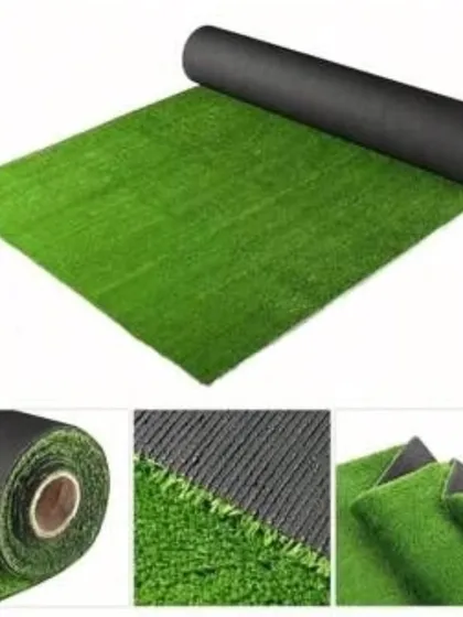 This shows the artificial grass mat in a roll and close-ups of its texture and backing. The perforated backing allows for proper water drainage.