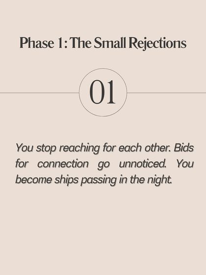 Phase 1: The Small Rejections. This is where it begins. You stop reaching for each other, and bids for connection go unnoticed. You become like ships passing in the night.