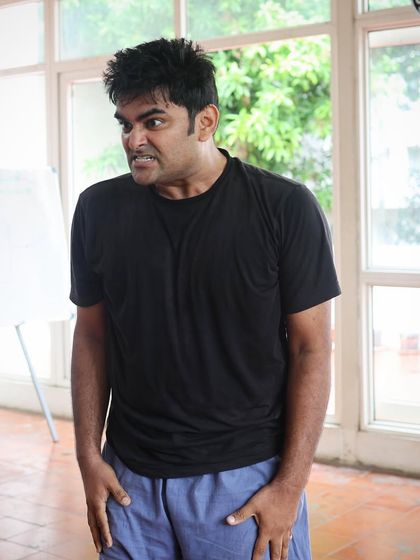 An actor makes a face during a "Gretel" rehearsal.