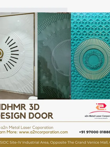 This collage displays the versatility of our HDHMR 3D design doors. We can achieve a variety of aesthetics, from the minimalist radial design on the left to the intricate geometric patterns on the right, all crafted for durability and a modern finish.