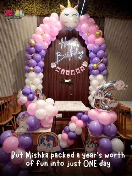 A magical unicorn-themed balloon arch for Mishka's 6th birthday. Unicorns are one of our most requested and magical themes.